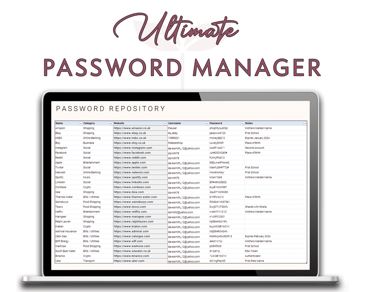 Account & Password Manager Excel | Password Manager | CleverPeaDesign