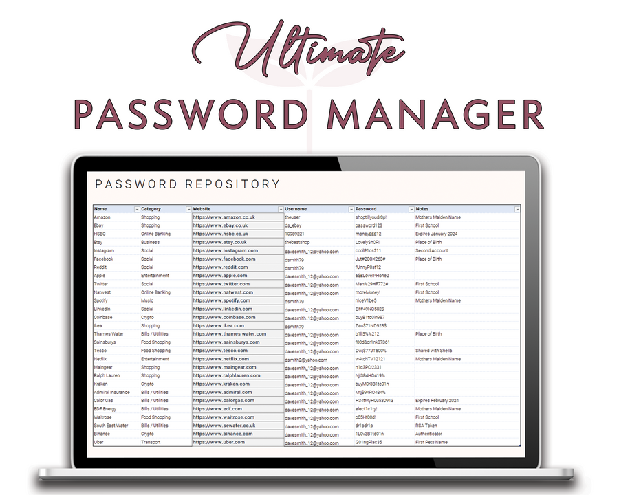 Account & Password Manager Excel | Password Manager | CleverPeaDesign