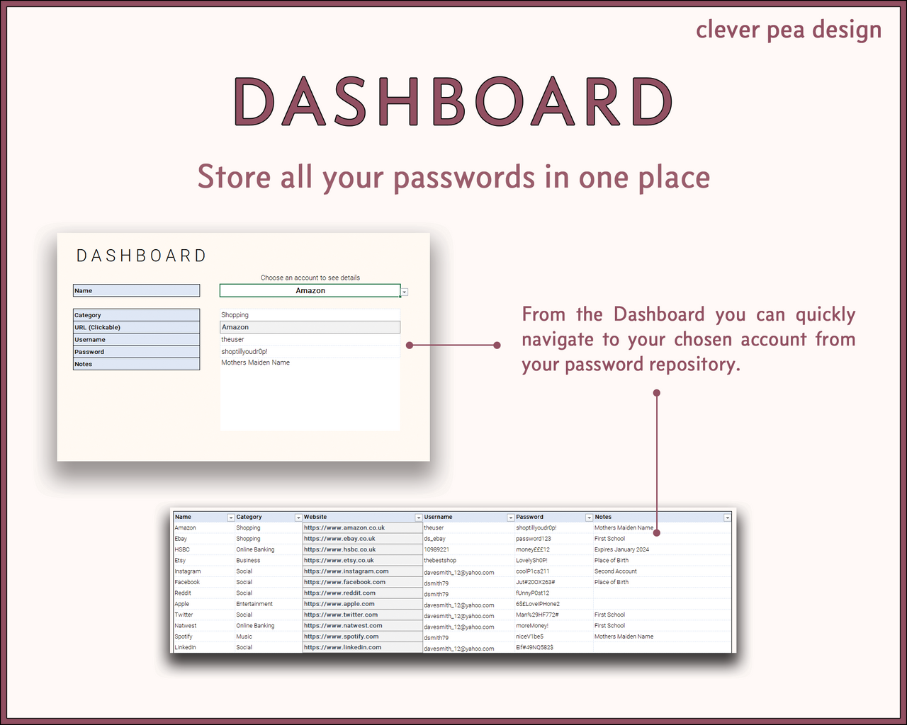 Account & Password Manager Excel | Password Manager | CleverPeaDesign