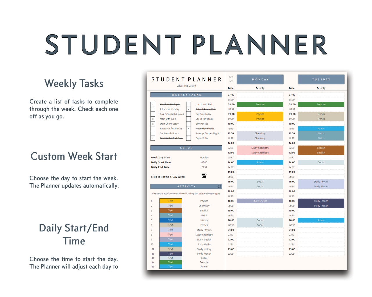 Student Planner Excel | Timetable | Assignment Tracker | CleverPeaDesign