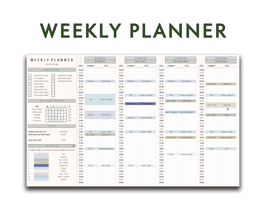 Weekly Planner Excel | Weekly Planner | CleverPeaDesign